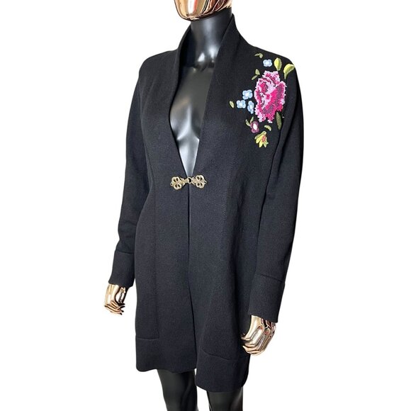 Soft Surroundings Black Oversized Floral Embroidered Longline Duster Cardigan XS - Picture 9 of 15
